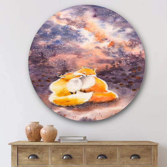 Designart - Hugging Foxes Over A Night Sky - Children's Art Metal Circle Wall Art